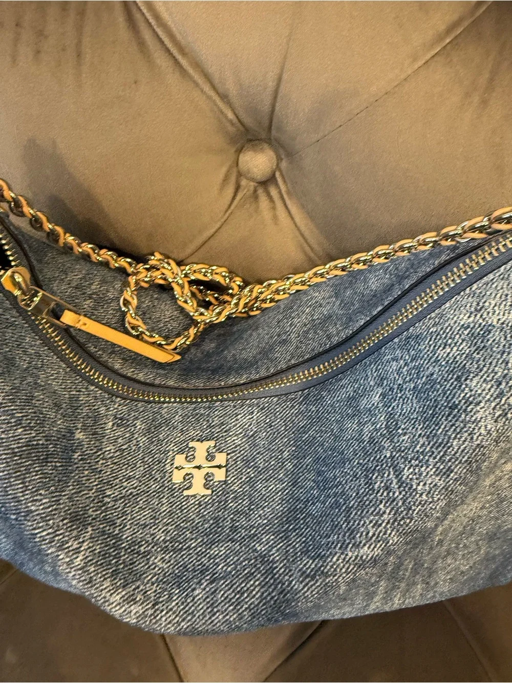 Tory Burch Washed Denim Hobo with Gold Chain Strap NWT